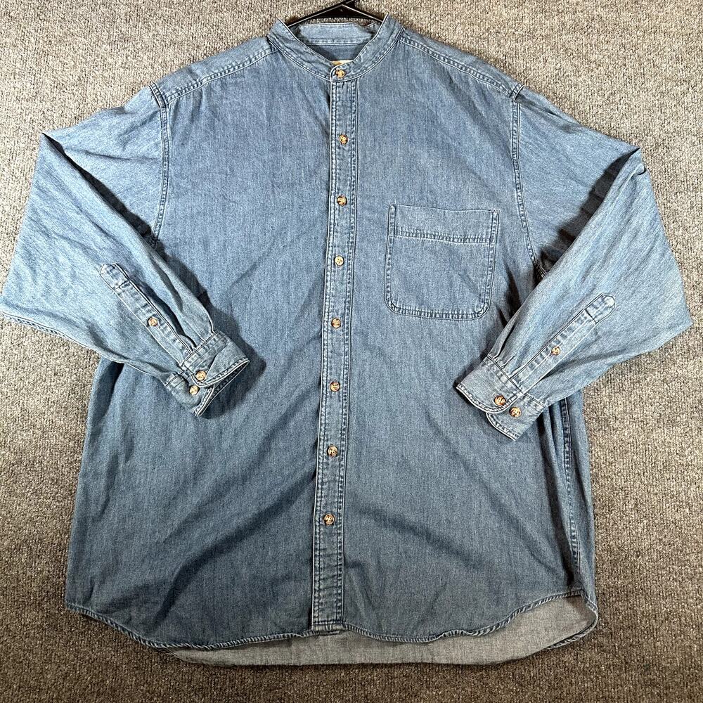 Vintage Eddie Bauer Men’s M Tall Denim Chambray Band Collar Shirt 100% Cotton